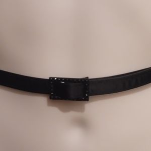 Black Satin Skinny Belt w Square Rhinestone Buckle